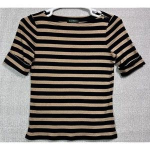 LAUREN RALPH LAUREN BLACK & METALLIC GOLD STRIPED SHORT SLEEVE T-SHIRT M